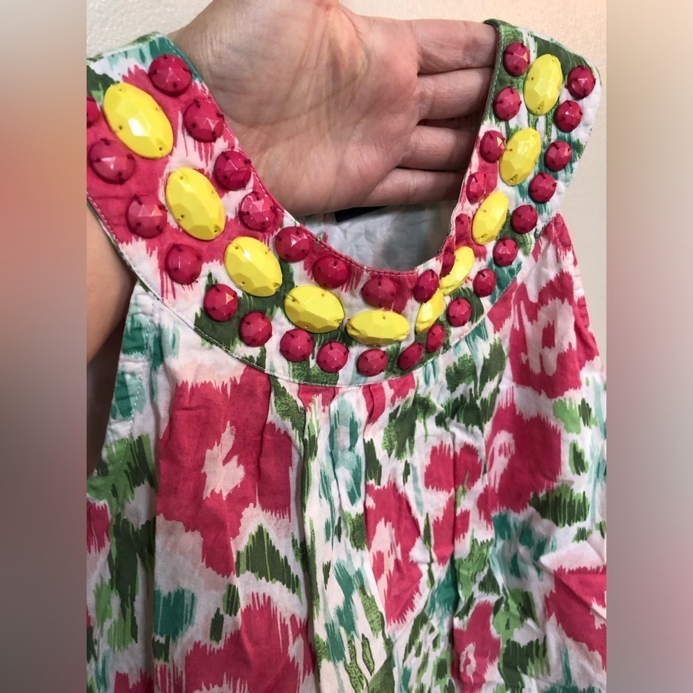 Mini Boden Girls 5-6Y Pink/Green Floral Shift Dress w/Jeweled Neckline - EUC! - Picture 9 of 9